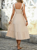 Tie Shoulder Square Neck Tiered Midi Dress