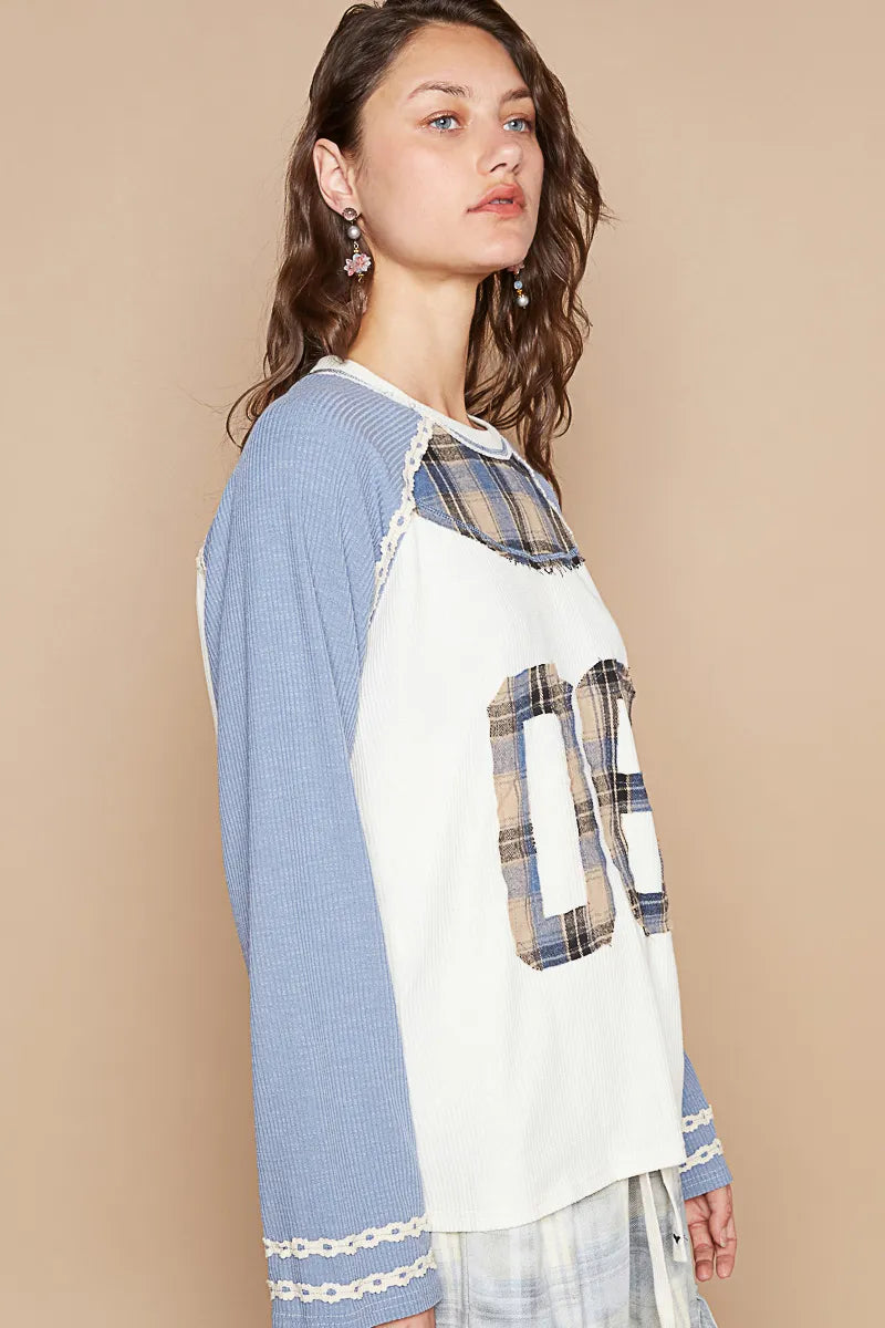 Vintage-Inspired Plaid Number 08 Raglan Sleeve T-Shirt with Oversized Fit