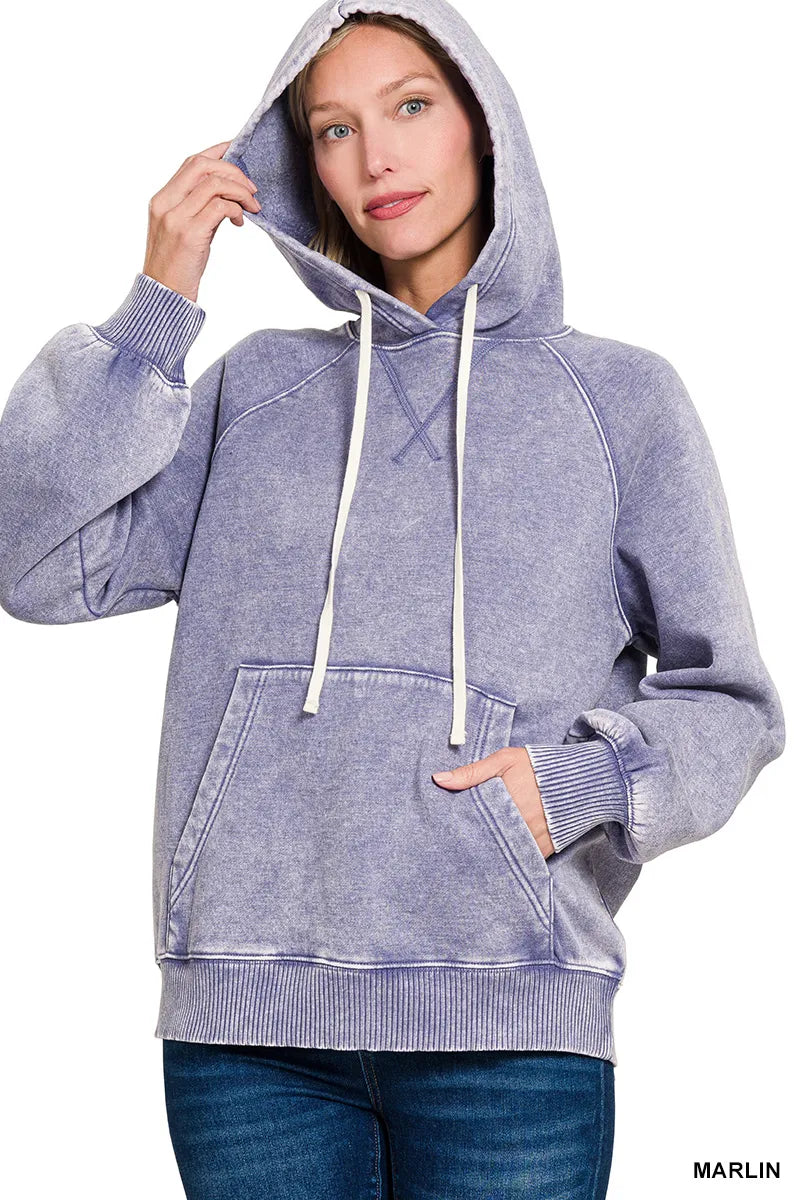 Zenana Acid Wash Fleece Hoodie with Kangaroo Pocket