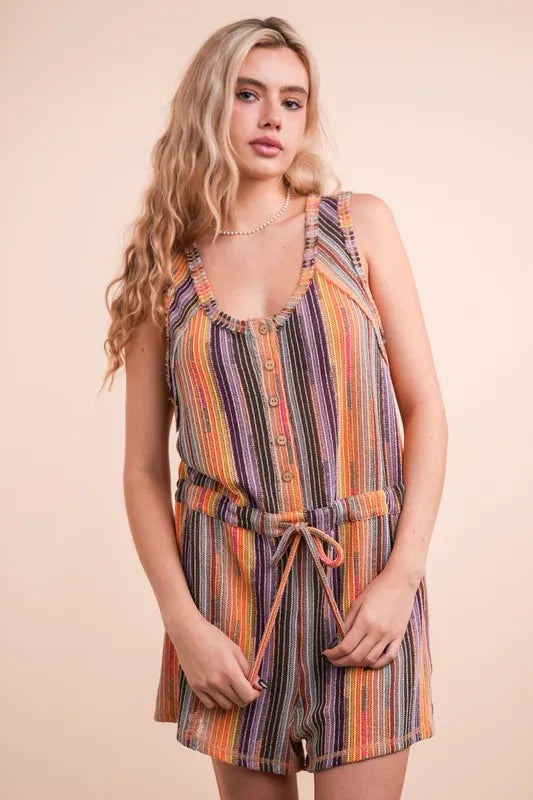 VERY J Crochet Multi Color Striped Casual Summer Romper