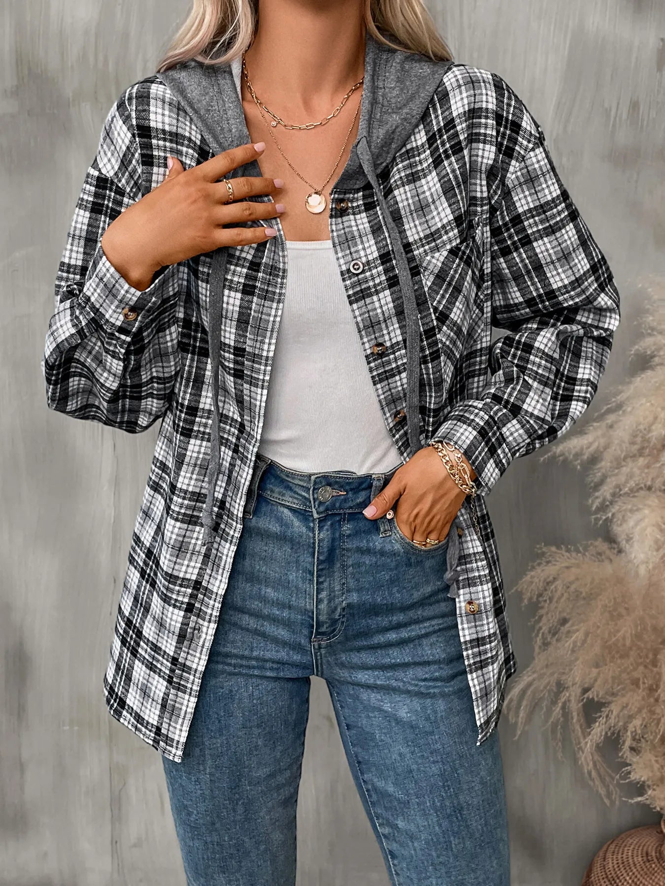 Plaid Button-Up Hooded Shirt