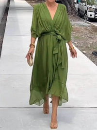Full Size Flowy Tie Front Midi Dress with Flutter Sleeves Plus Size - Store 42