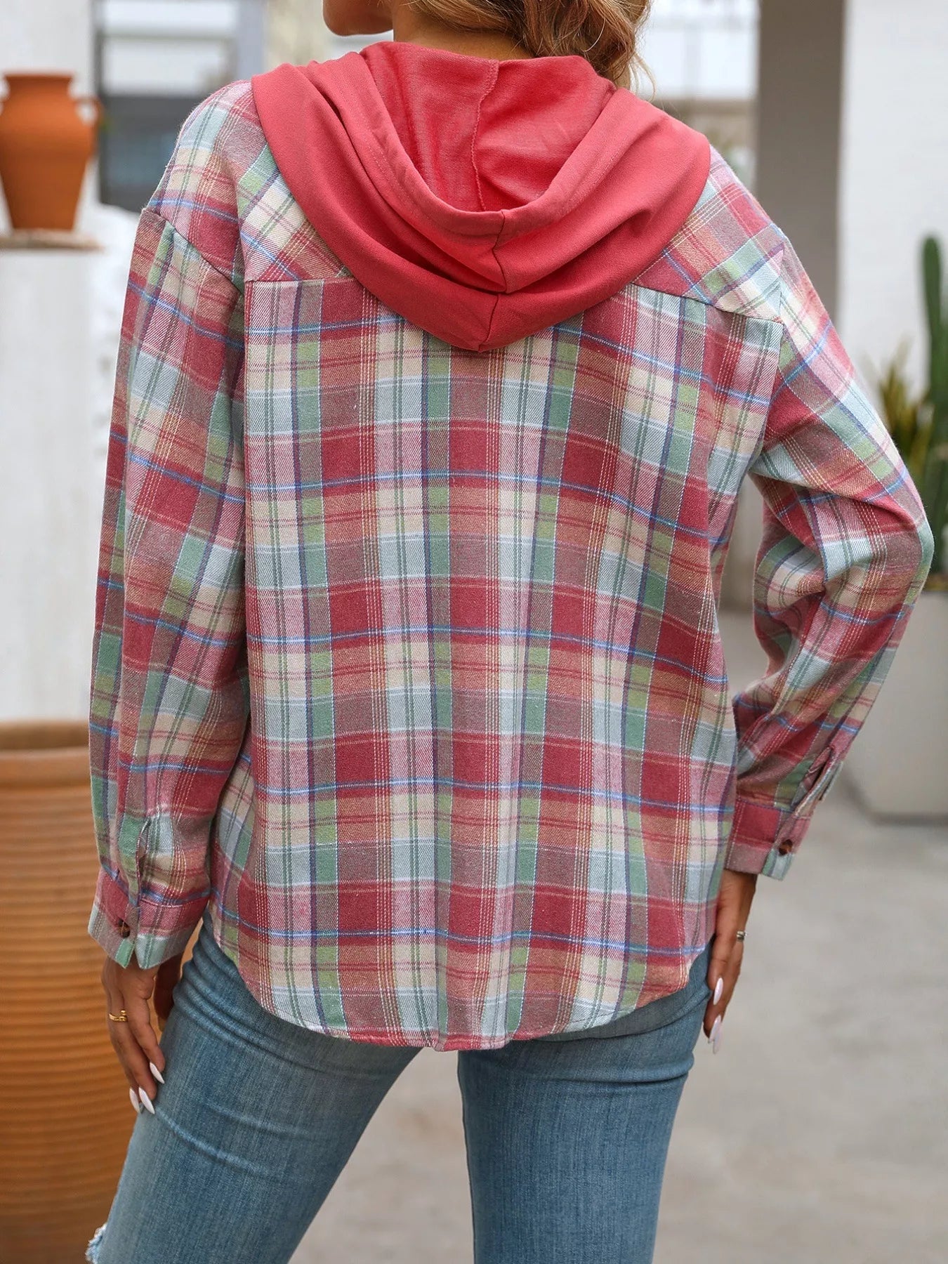 Plaid Button-Up Hooded Shirt