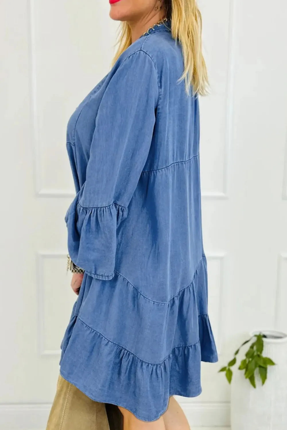 Women’s Notched Flare Sleeve Denim Dress – Ruffled Design, 95% Cotton, Stylish Casual Wear