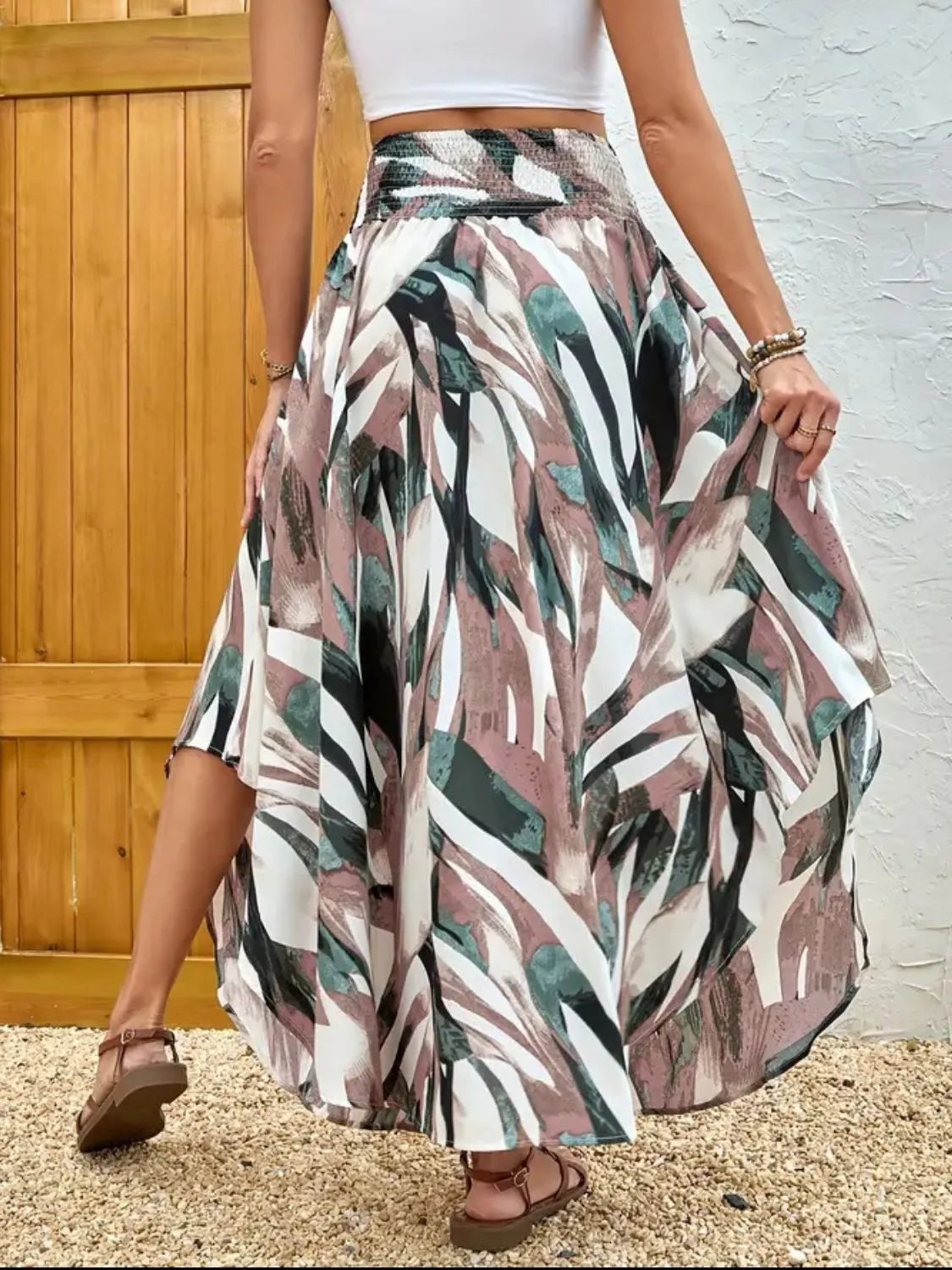 Asymmetrical Smocked Printed Skirt