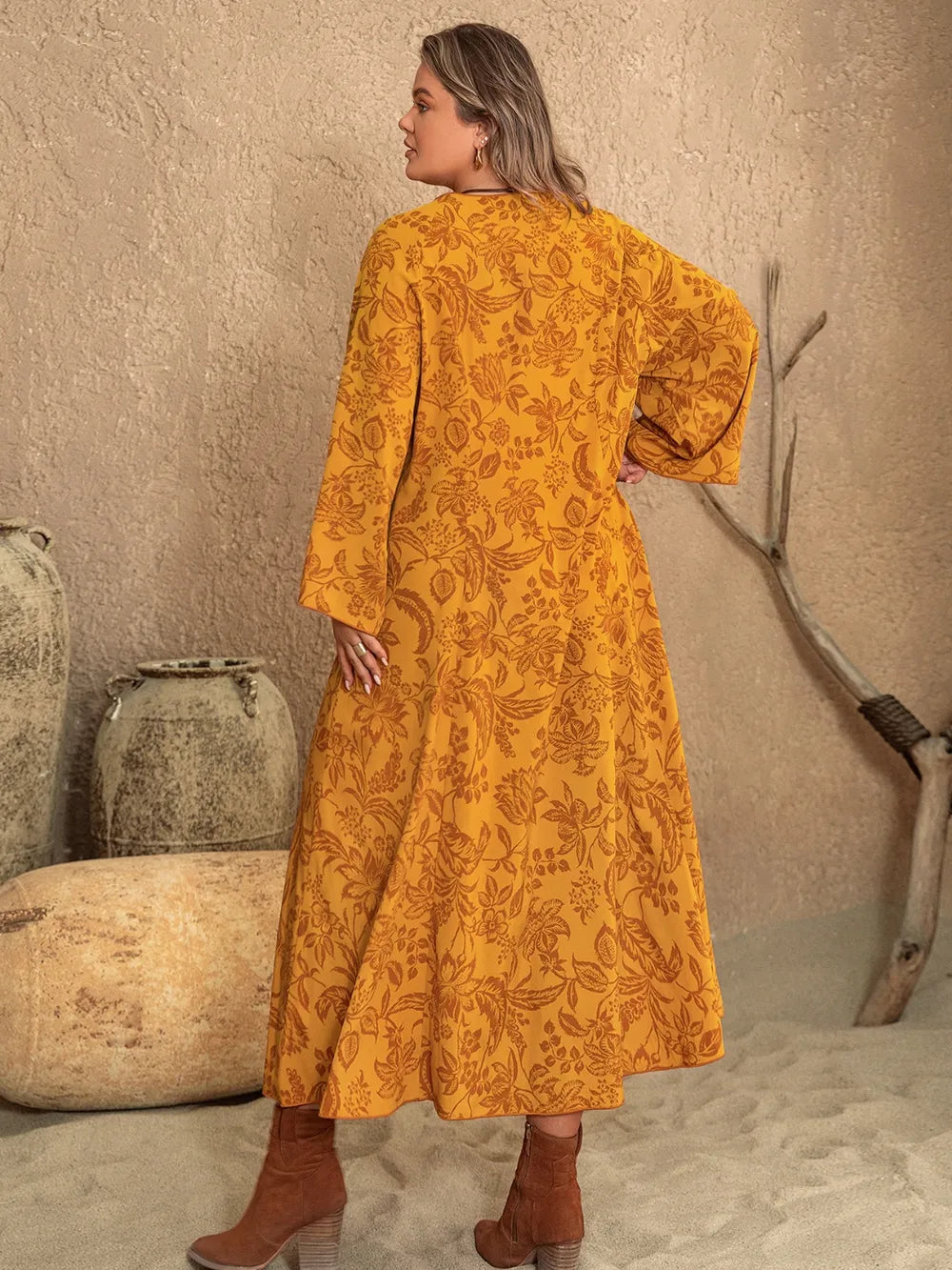 Stylish Plus Size Long Sleeve Dress with Slit - Opaque 95% Polyester Blend