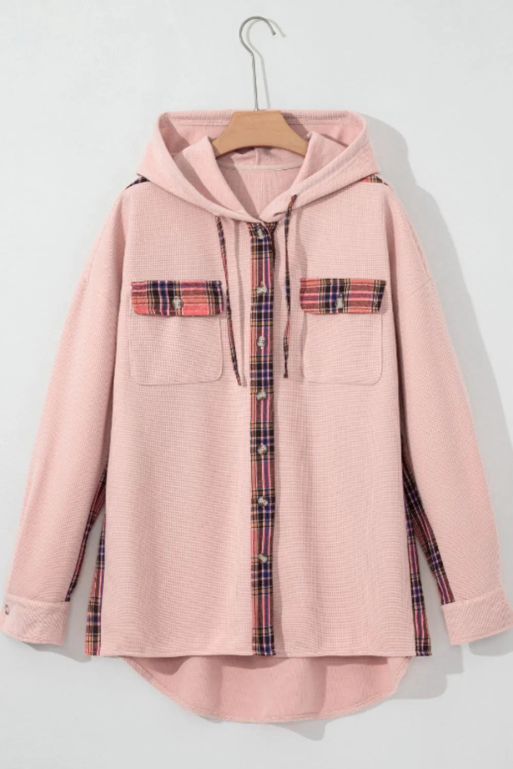 Waffle Knit Plaid Patchwork Drawstring Hooded Shacket