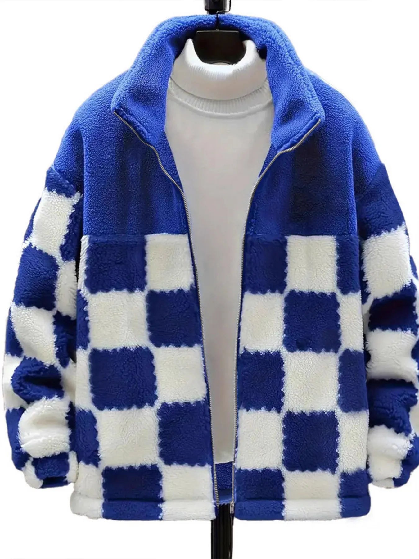 Checkered Fleece Oversized Zip-Up Jacket - Thick, Cozy, 100% Polyester, Perfect For Layering