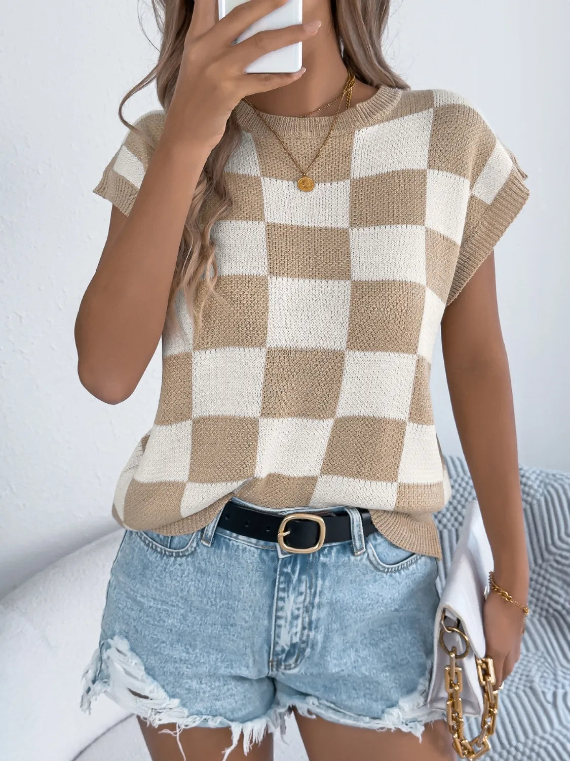 Checkered Round Neck Cap Sleeve Knit Top