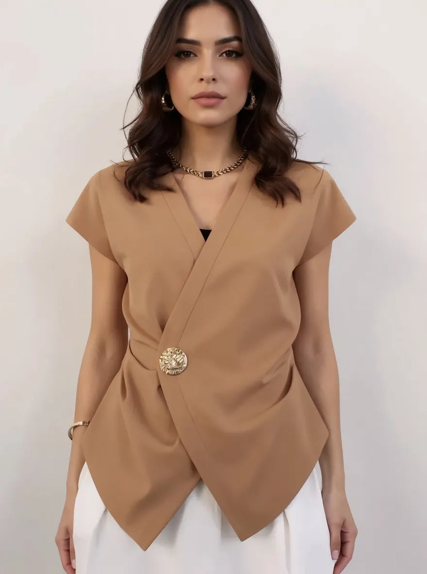 Plus Size Wrap Front Blouse with Decorative Button Detail