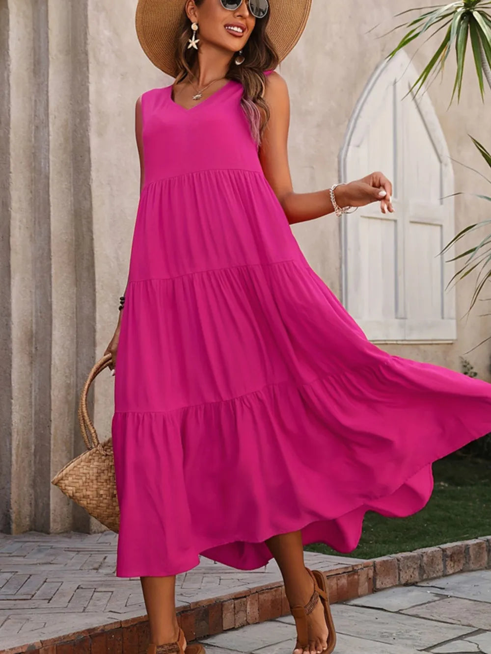 Stylish Tiered V-Neck Sleeveless Dress - 100% Cotton, Slightly Stretchy, Not Lined