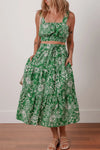 Floral Print Shirred Crop Top and Midi Skirt Set Dark Green