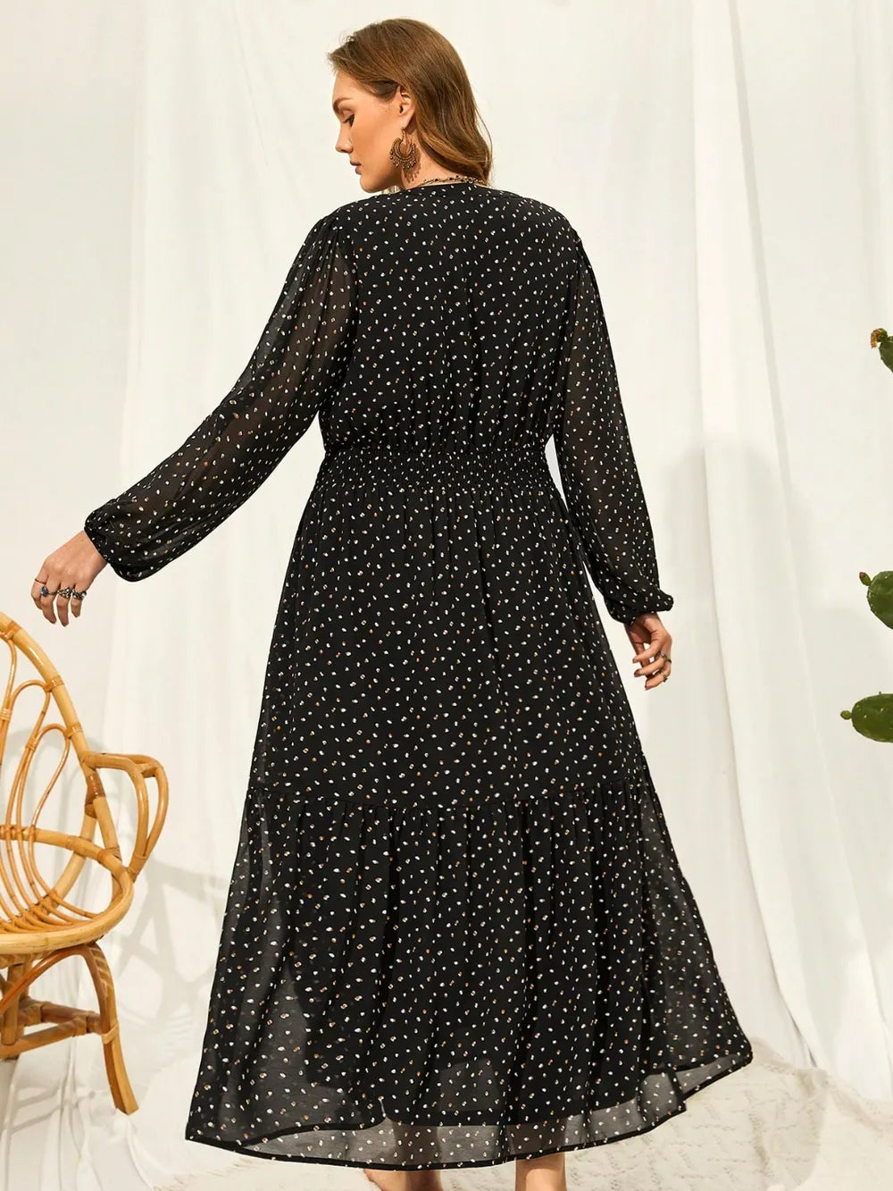 Plus Size Embroidered Tassel Dress with Balloon Sleeves – Lined & Opaque Fabric