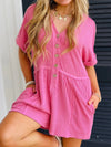 Casual Button-Front Ribbed Romper Fuchsia Pink