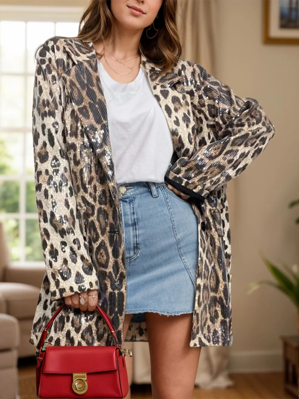 Leopard Print Longline Blazer with Lapel Collar and Long Sleeves for Effortless Style