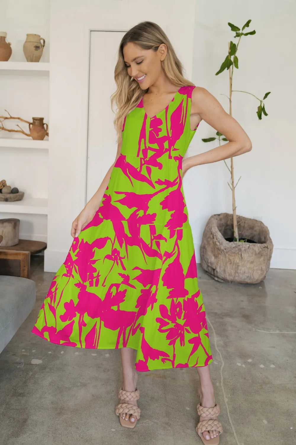 FAM-FAM Tiered Printed V-Neck Sleeveless Dress Yellow-Green