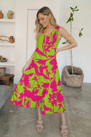 FAM-FAM Tiered Printed V-Neck Sleeveless Dress Yellow-Green