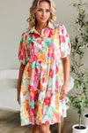 Button Down Floral Puff Sleeve Babydoll Dress Strawberry