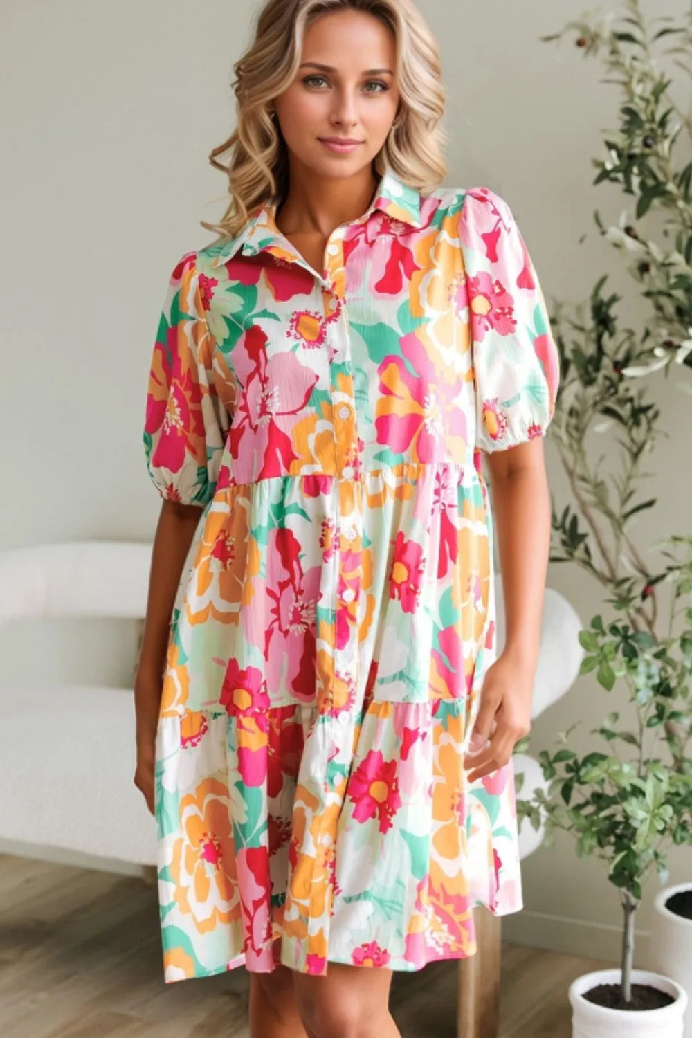 Floral Puff Sleeve Babydoll Dress with Button Down Front – 100% Polyester, Machine Washable