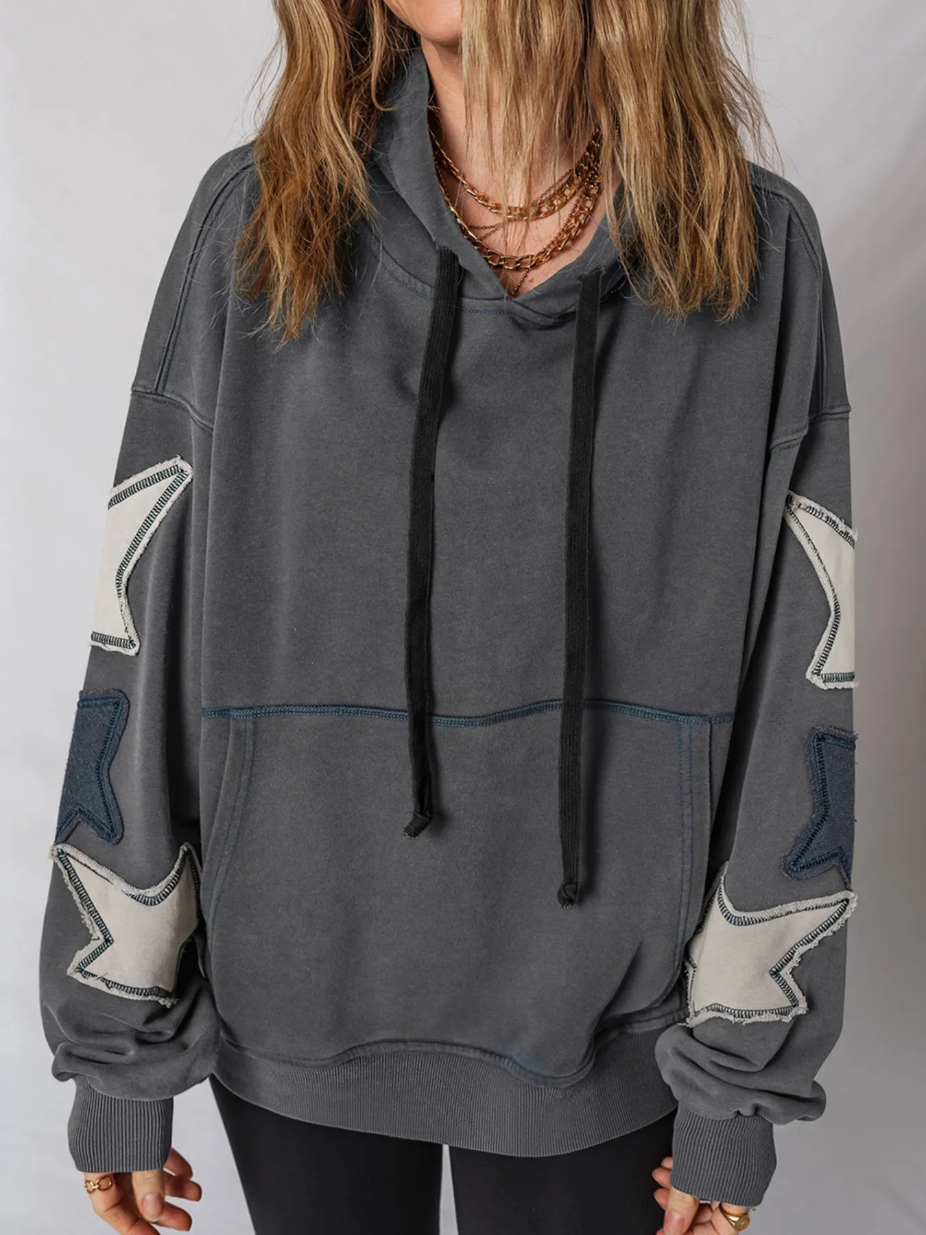 Star Patchwork Contrast Stitching Mineral Wash Kangaroo Pocket Hoodie