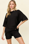 Double Take Full Size Texture Round Neck Drop Shoulder T-Shirt and Shorts Set Black