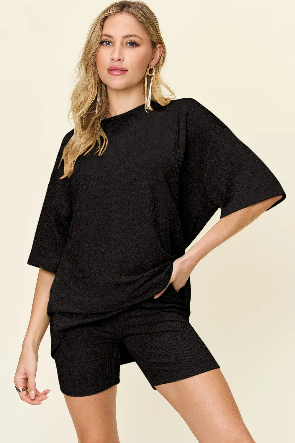 Double Take Full Size Texture Round Neck Drop Shoulder T-Shirt and Shorts Set Black