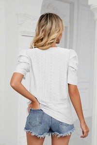 Trendsi Eyelet Puff Sleeve Blouse - Casual Round Neck Top for Every Occasion - Store 42