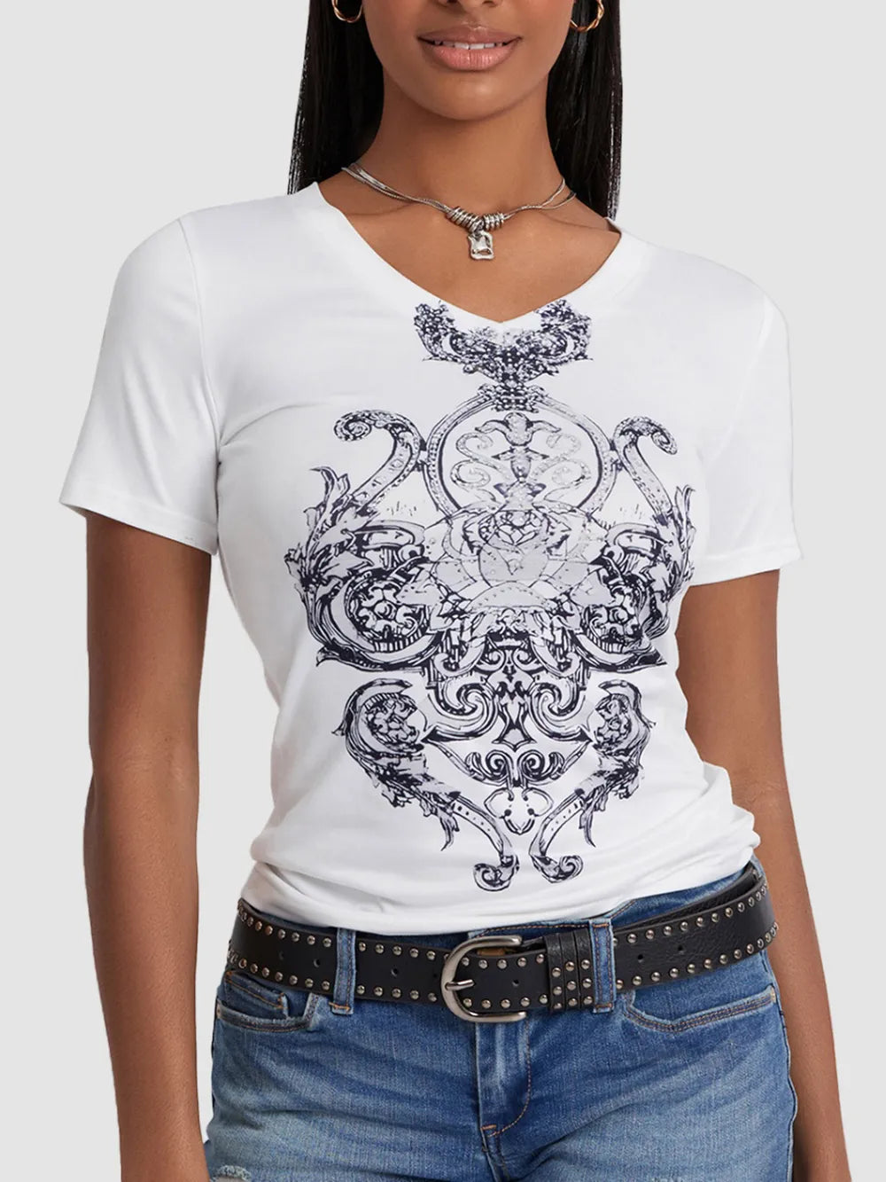 Trendsi Graphic V-Neck T-Shirt for Women - Short Sleeve, Slightly Stretchy, Stylish Casual Wear