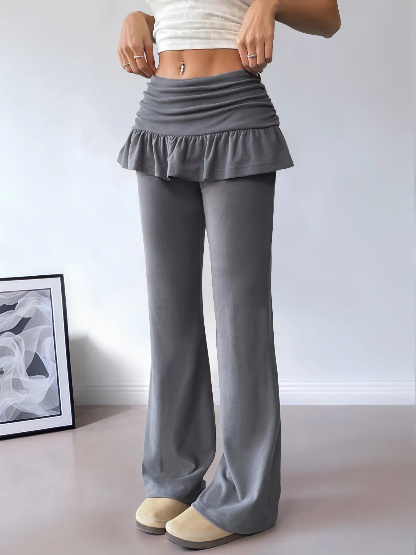 Trendy High-Waisted Ruffle Pants for Women - Soft Polyester & Comfortable Fit
