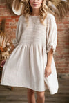 Textured Ruffled Puff Sleeve Loose Dress Beige