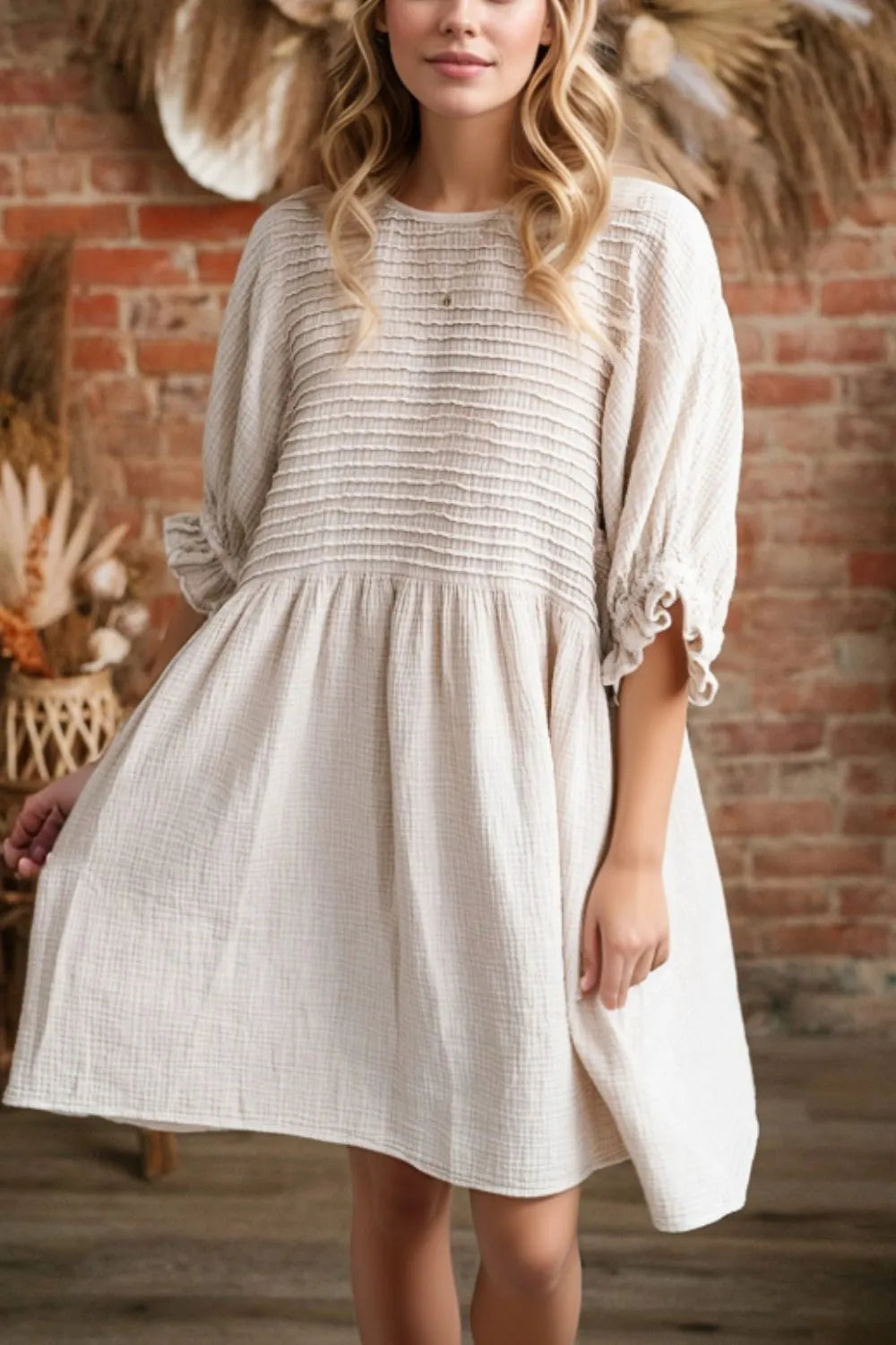 Chic Textured Ruffled Puff Sleeve Loose Dress in Slightly Stretchy Fabric - Comfortable & Stylish