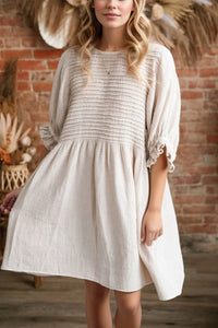 Textured Ruffled Puff Sleeve Loose Dress Beige