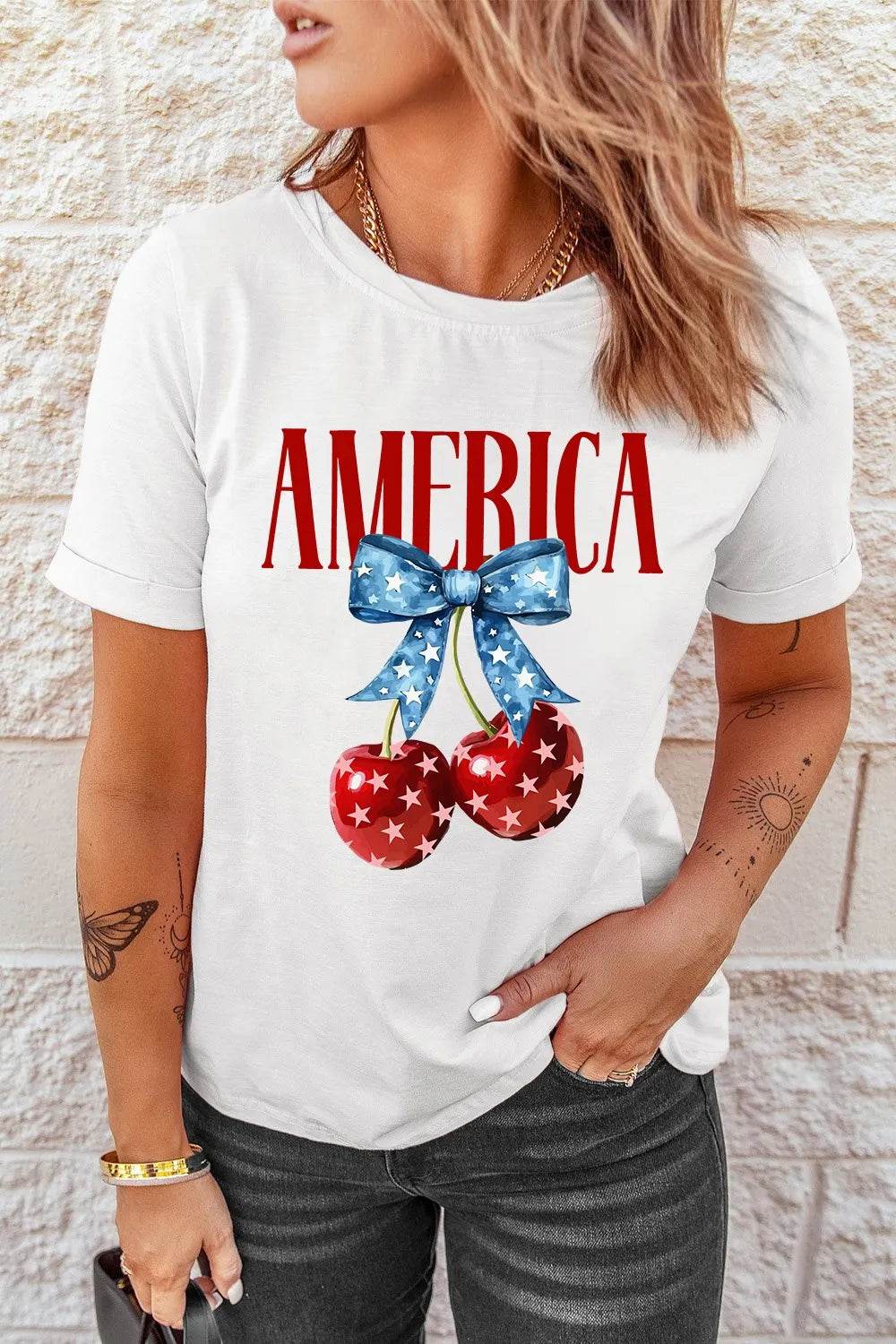 AMERICA Bow Cherry Crewneck T-Shirt – Comfortable Stretch Fit, Soft Polyester-Cotton Blend