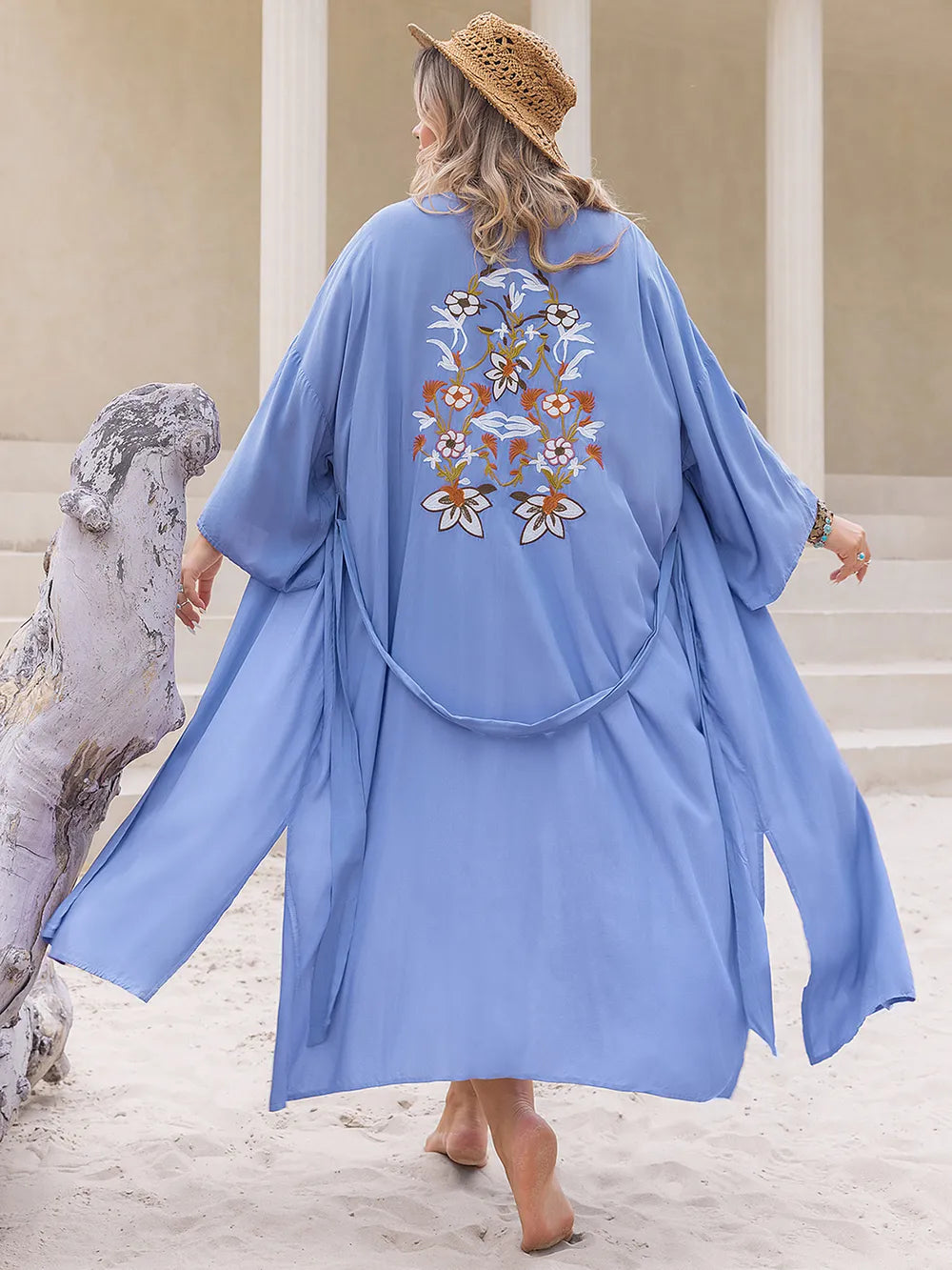 Plus Size 100% Viscose Embroidered Tied Open Front Cover Up - Sheer Opaque Beachwear