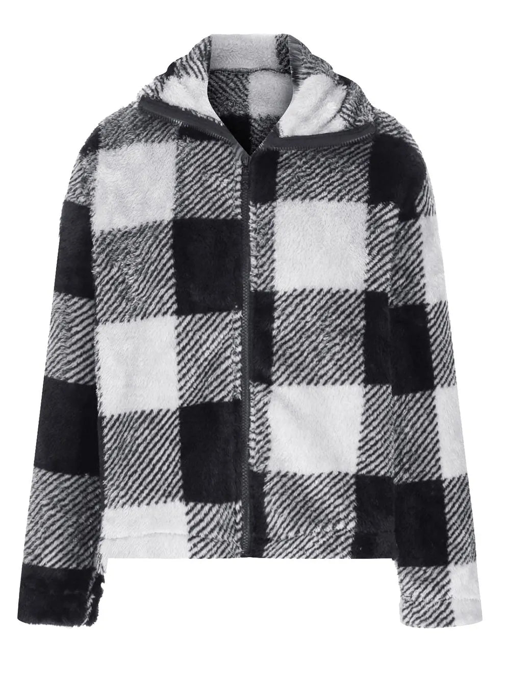 Trendy Full Size Plaid Zip Up Long Sleeve Jacket for Women - 100% Polyester, Comfortable Fit