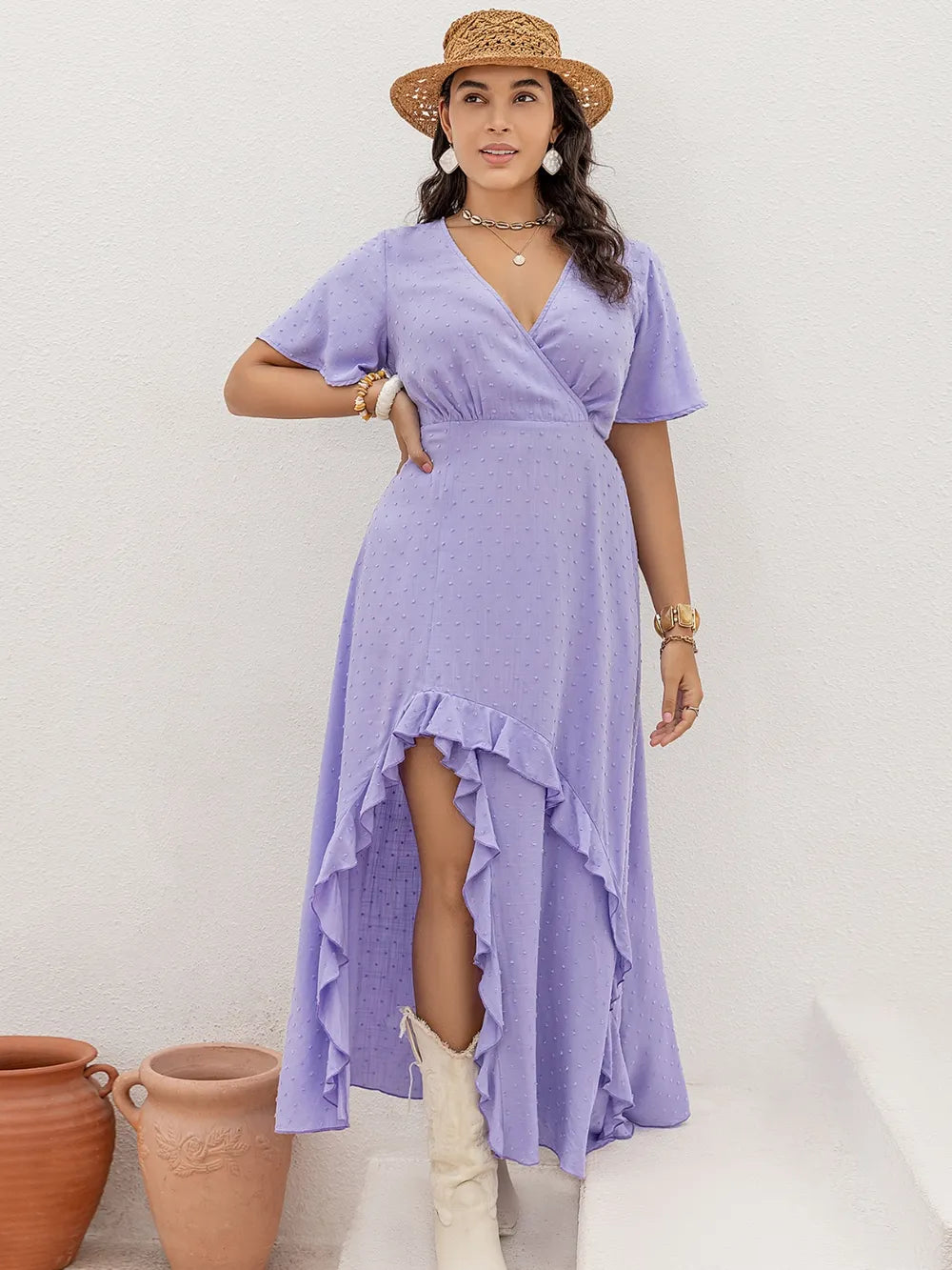 Plus Size Swiss Dot High-Low Surplice Dress in Opaque Viscose - Perfect for Any Occasion