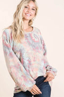 BiBi Pastel Tie Dye Top with Puff Sleeves - Soft Cotton, Relaxed Fit, Casual Chic Style - Store 42