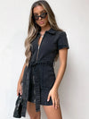 Full Size Zip Front Short Sleeve Denim Dress Plus Size Black