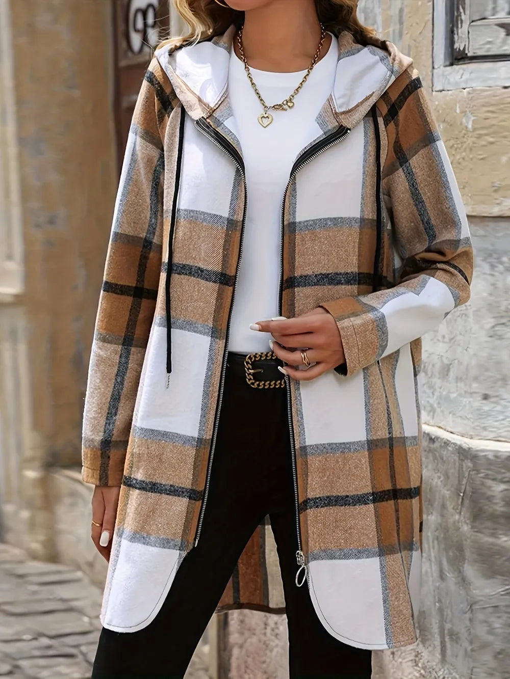 Women's Drawstring Hooded Plaid Zip-Up Jacket - 100% Polyester, Normal Thickness, Casual Style