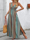 Tied Back Printed Sleeveless Maxi Slit Dress Turquoise