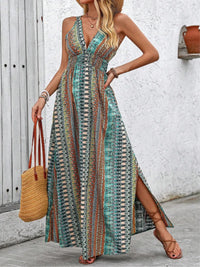 Tied Back Printed Sleeveless Maxi Slit Dress Turquoise