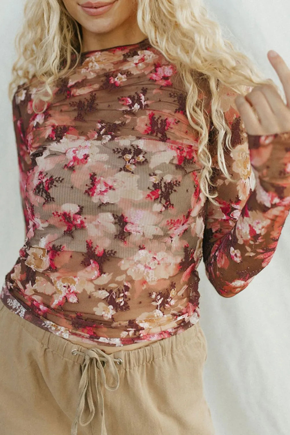 Floral Sheer Mock Neck Long Sleeve Top - Slightly Stretchy, 95% Polyester Blend