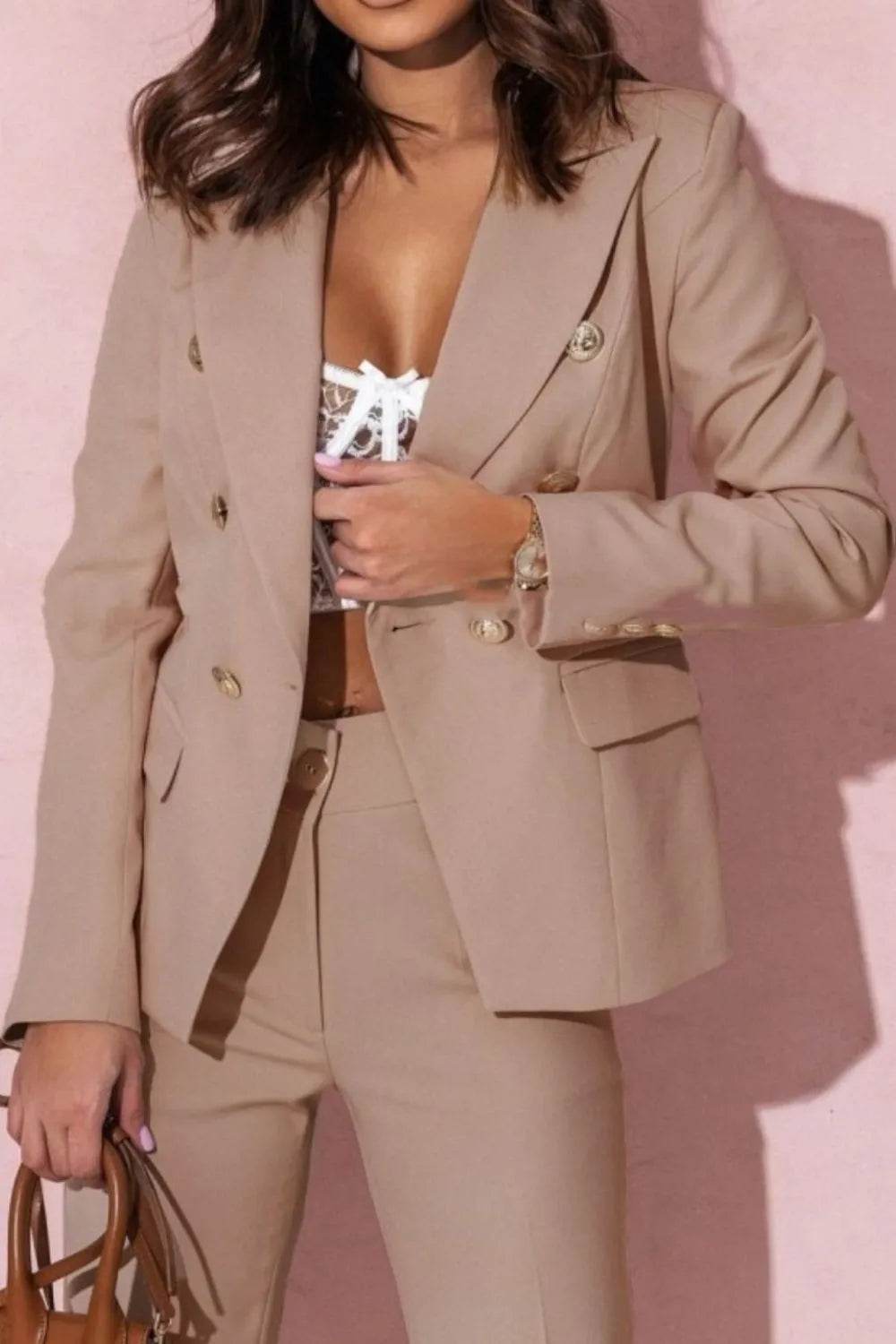 Full Size Lapel Collar Long Sleeve Blazer and Pants Set Plus Size - Store 42