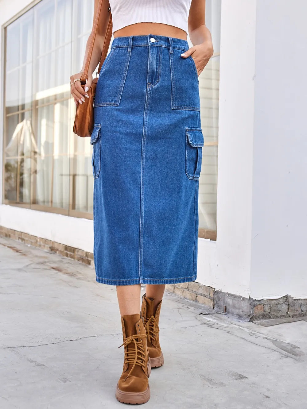Trendsi Slit Midi Denim Skirt with Pockets - Slightly Stretchy, Chic and Comfortable
