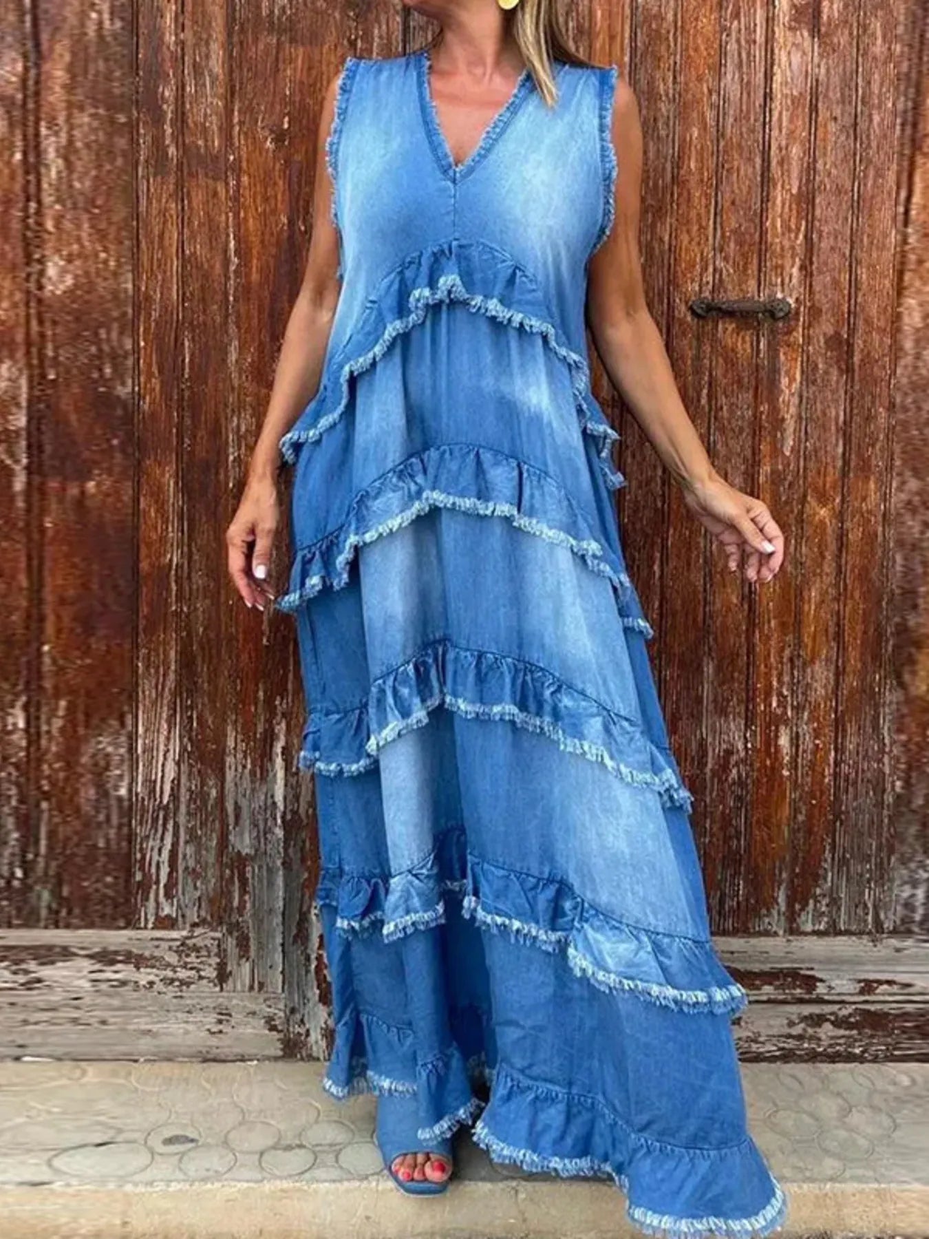 Tiered Raw Hem Denim Maxi Dress with Ruffles - 95% Polyester, No Stretch