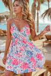 Floral Spaghetti Strap Surplice Neck Shirred Waist Mini Dress Floral