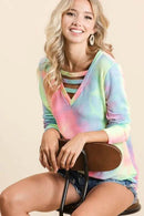 BiBi Tie Dye French Terry V-Neck Top with Strapped - Store 42