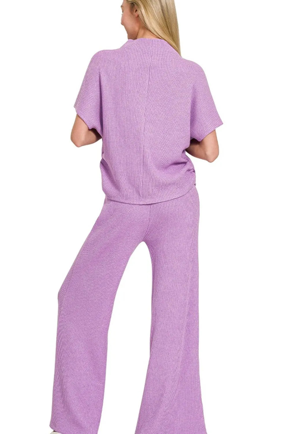 Lavender Knit Sweater Mock Neck Top & Wide-Leg Palazzo Pants Set - Comfortable Two-Piece Outfit