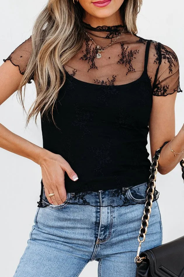 Floral Lace Sheer Mesh Top & Cami Set - 2-Piece, Slightly Stretchy, Elegant Style