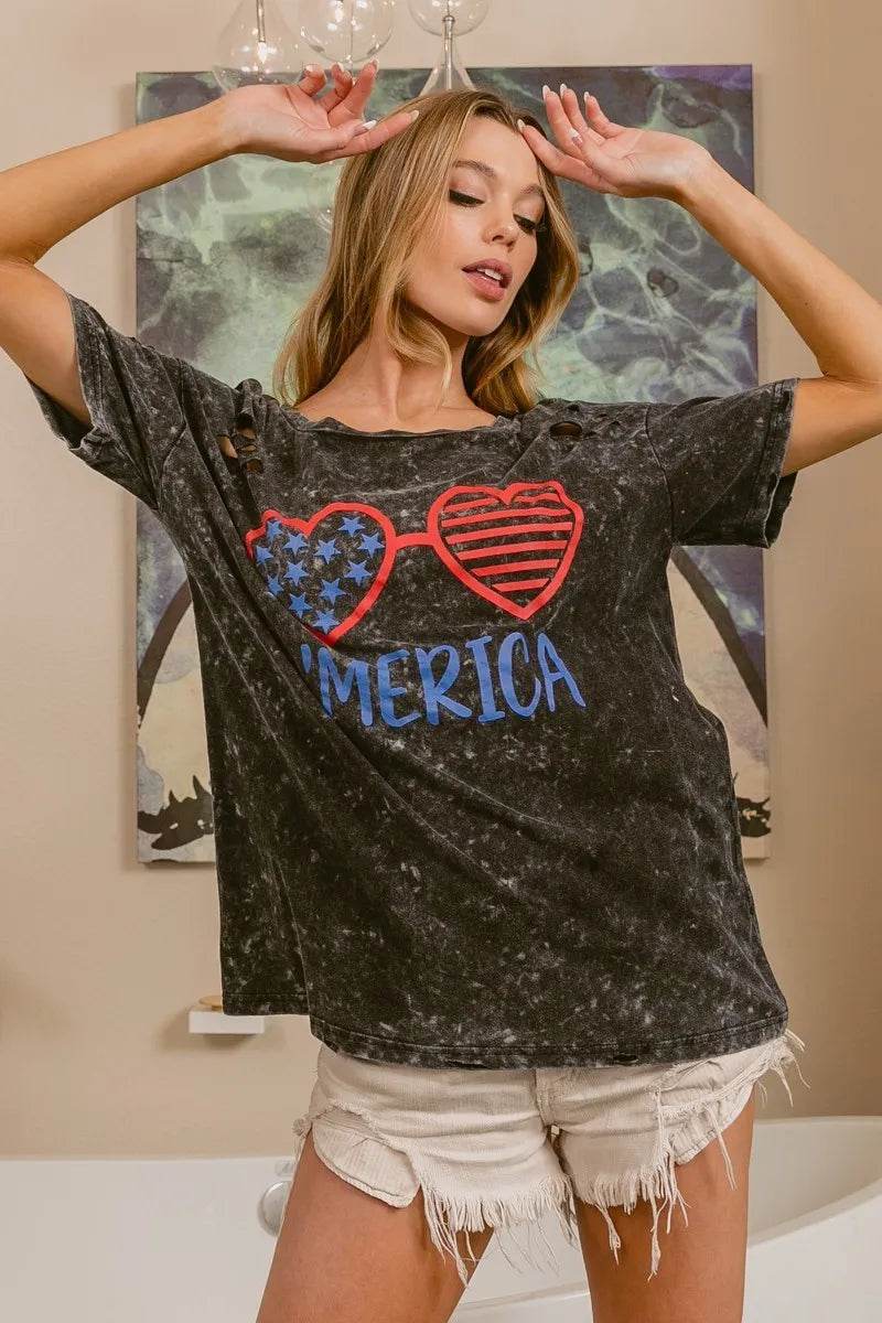 BiBi 4th Of July Theme Mineral Washed Laser Cut Top - Store 42
